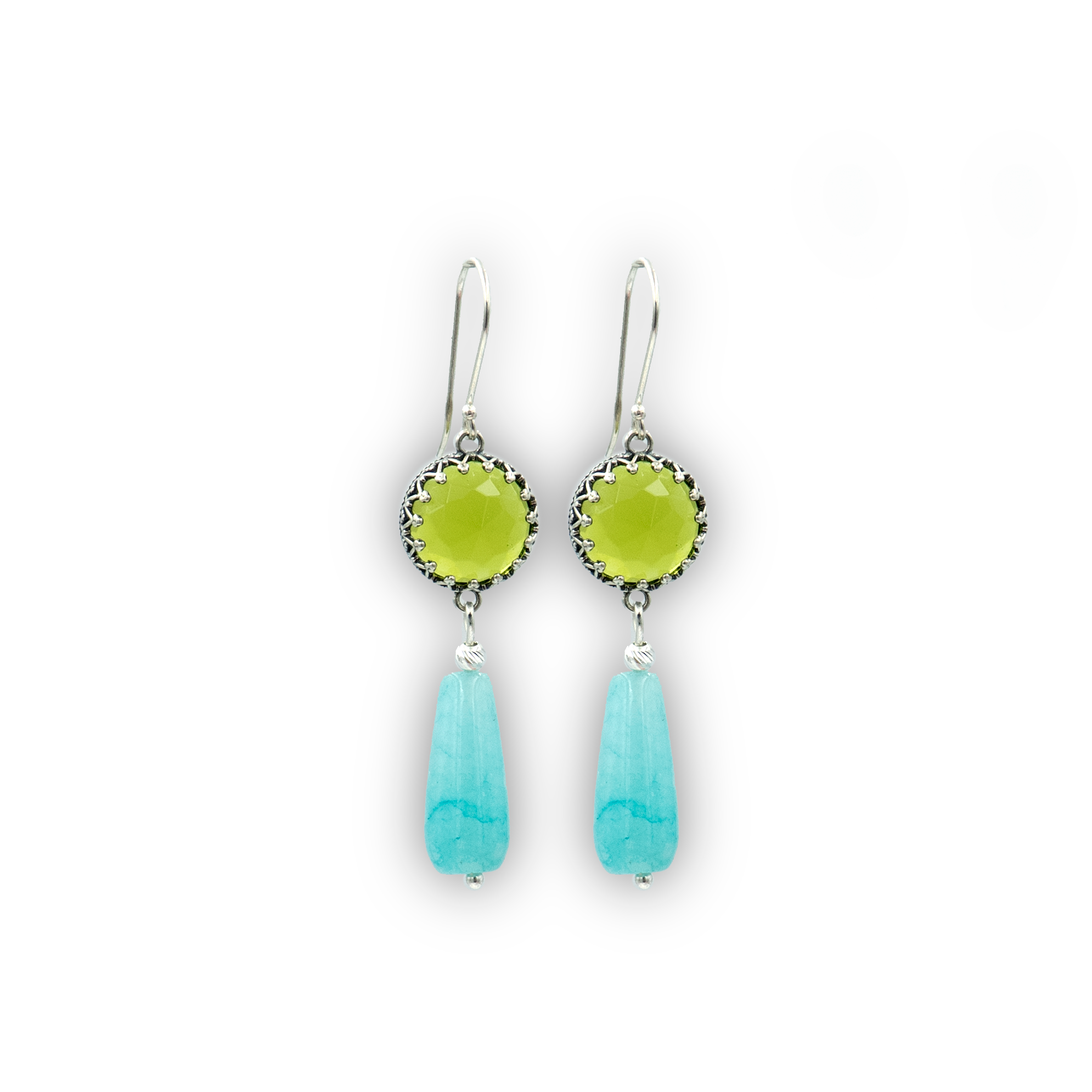 Dangling silver earrings with green opalite and amazonite